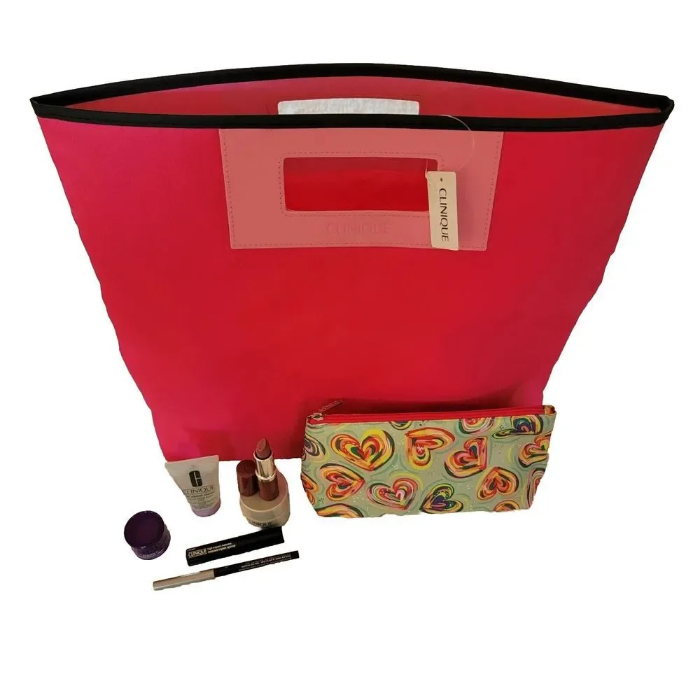 Clinique BIG pink tote bag, Cosmetics bag & makeup set with‎ Travel & Full Size!